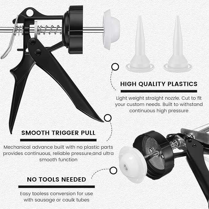 Lasnten 2 Pack Sausage Caulk Gun 20 oz Aluminum Sausage Caulking Gun Cordless Caulk Gun with 4 Cone Nozzles, 18: 1 Thrust, Aluminum Sealant Hand Caulk Gun Kit for Contractors