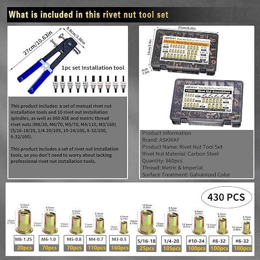 ASKWAY Rivet Nut Tool Set SAE & Metric 860 PCS SAE Pressure Rivet Nut Kit | 860pcs Carbon Steel Rivet Nut tool, SAE Rivet Nut (5/16-20, 1/4-20, 10-24, 8-32, 6-32), Metric Rivet Nut (M8, M6, M5, M4, M3)