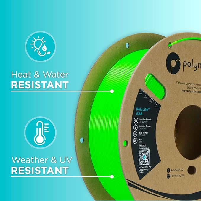 Polymaker ASA Filament 1.75mm Pop Green, 1kg ASA 3D Printing Filament, Heat & Weather Resistant - ASA 3D Printer Filament Perfect for Printing Outdoor Functional Parts