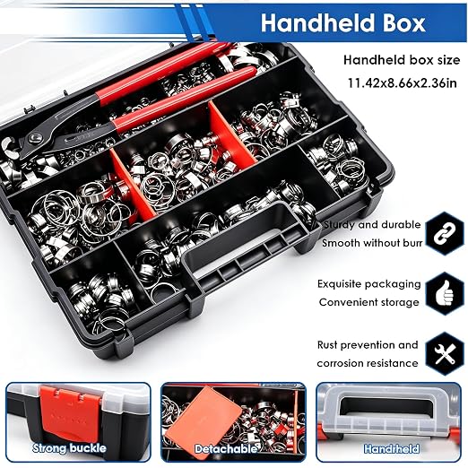 405Pcs 15-Sizes 304 Stainless Steel Single Ear Hose Clamps with Ear clamp plier 5.3-36.1mm Crimp Hose Clamps Assortment Kit for Auto/Home Appliance/Pipe/Fuel Line