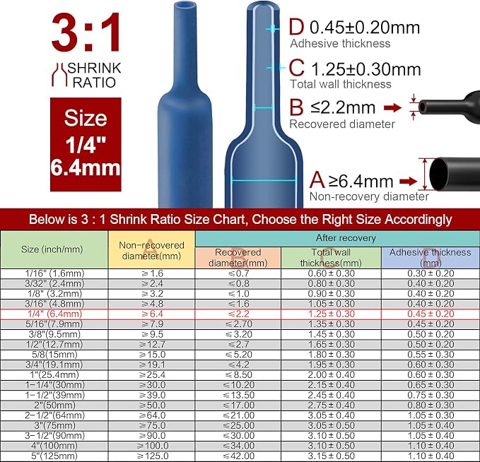 Chanzon 3:1 Ratio 1/4" (6.4mm) Heat Shrink Tubing - Marine Grade Waterproof Adhesive Lined - 8Ft Roll (2.5M Total Length) Blue Polyolefin Sleeving Wrap Shrinking 3 to 1 Ratio 1pcs