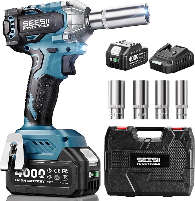 Seesii 3/8" Cordless Impact Wrench, Power Impact Gun w/Max Torque 330Ft-lbs(450N.m), 4.0Ah Rechargable Battery & 4 Sockets, Compact Power Impact Wrench for Lightduty Work Car Home,WH450