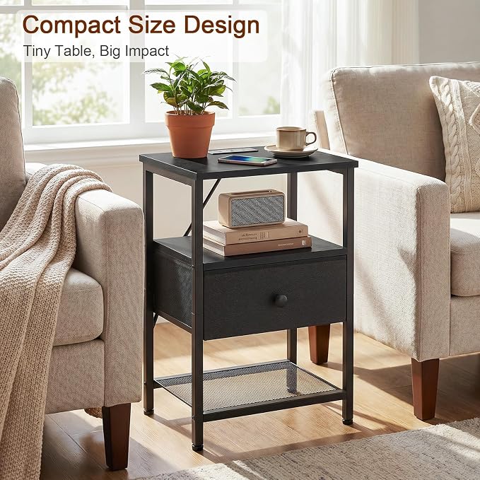 LOAKEKEL Night Stand, Nightstand with Charging Station, Slim Industrial Bedside Table with Fabric Drawer, Small End Table with USB & Type-C Ports for Bedroom, Black, HETS010BK-1