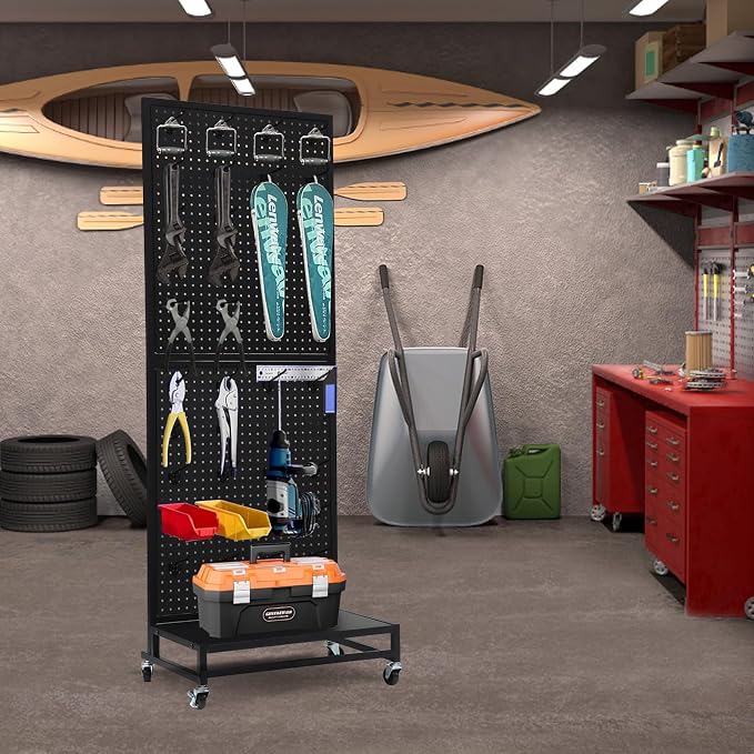 Eastern Tree Metal Pegboard Display Stand 2'x 5'with Base Plate, Pegboard Panels Display with Wheels, Peg Board Display Rack, Standing Pegboard Display with 30 Hooks - Black