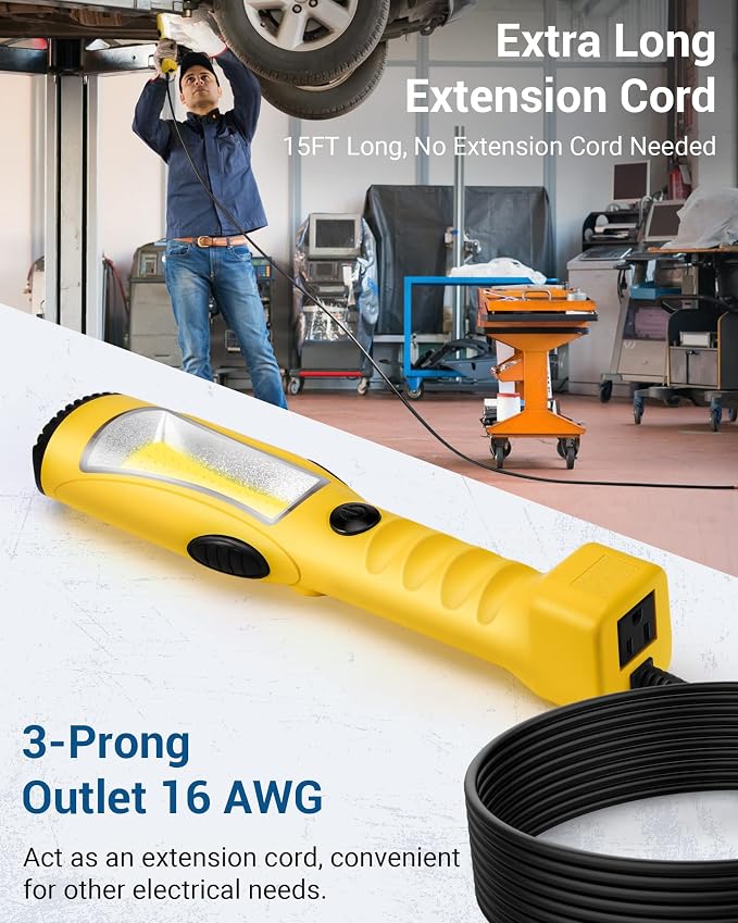 DEWENWILS 15ft &25ft Cord LED Work Light, 2000LM COB LED Trouble Light, Auto Mechanic Light, Strong Magnet, Swivel Hook, Build-in Outlet, Drop Light for Underhood, Garage, Car Repair
