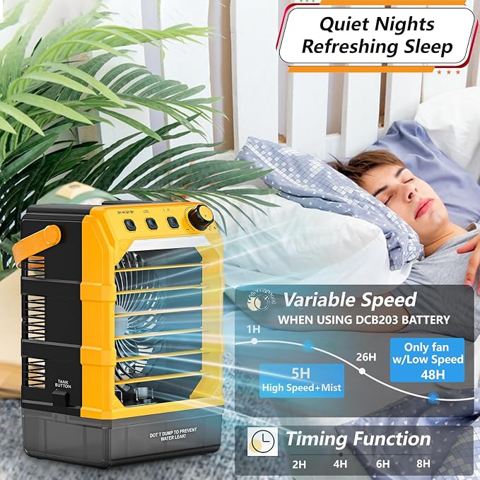Rozlchar Portable Misting Fan Compatible for DeWALT 20V Battery, Jobsite Cooling Fan with 1.6L Tank, Stepless Speed & 8H Timer, LED Light, Quiet Airflow for Construction, Camping, Beach(Tool Only)