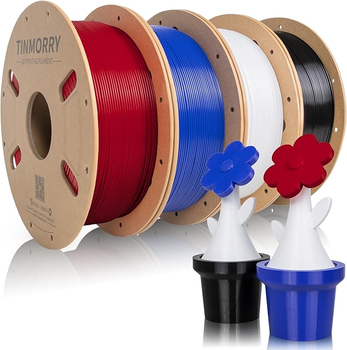 TINMORRY PETG Filament Bundle, Rapid PETG 3D Printer Filament 1.75 mm Multicolor Pack, Red & Black & Cold White & Klein Blue, 1 KG x 4 Spools