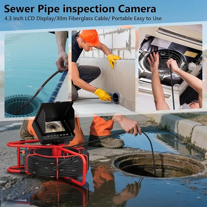 Sewer Camera,100FT/30M 4.3" Pipe Drain Inspection with DVR Function and LED Lights,18mm Borescopes Plumbing 8500Mah Battery Waterproof IP68 Endoscope HD 1000TVL 32GB Card (18mm Camera)