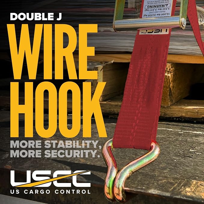 US Cargo Control Wire Hook Ratchet Straps 2 Inch x 30 Foot (320 Count Pallet), 10,000 LBS Break Strength, Ratchet Straps Heavy Duty with Double J Hooks, Red Cargo Tie Downs, Flatbed Trailers, Trucks