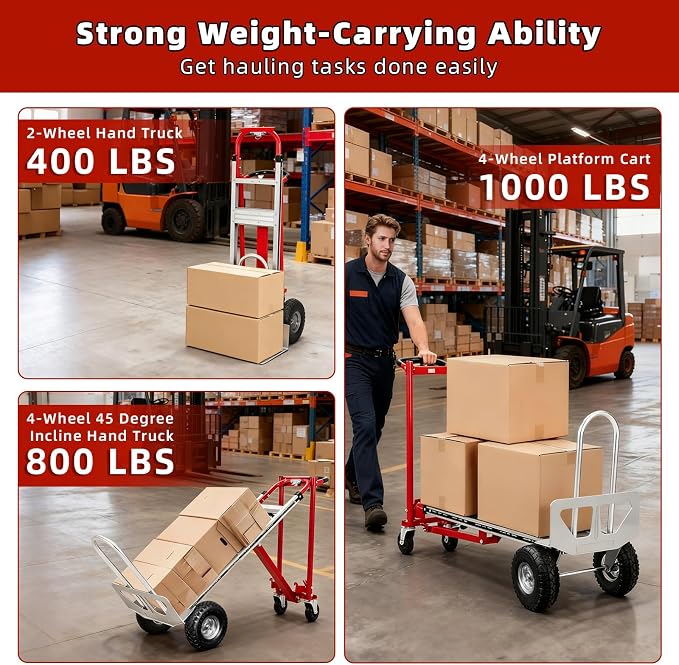 Aluminum 4 in 1 Convertible Hand Truck Dolly, 1000Lbs Capacity, Heavy Duty Folding Hand Truck Dolly Cart with Wheels 10" All-Terrain Tires, Hand Trucks for Logistics, Home, Office, School, Red