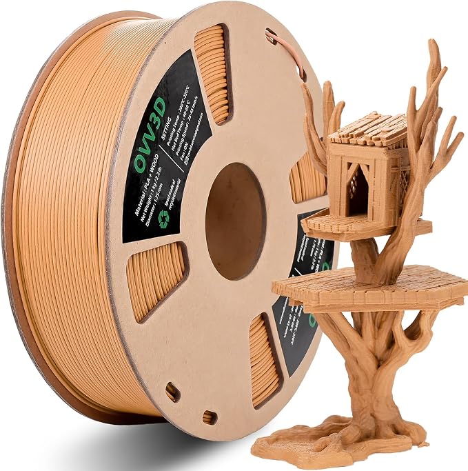 OVV3D PLA Filament 1.75mm, Wood 3D Printer Filament, Yellow Teakwood Filament Add More Than 30% Real WoodFiber, Matte and Frosted 3D Filament, 1.75 PLA Filament 3D Printing Filament