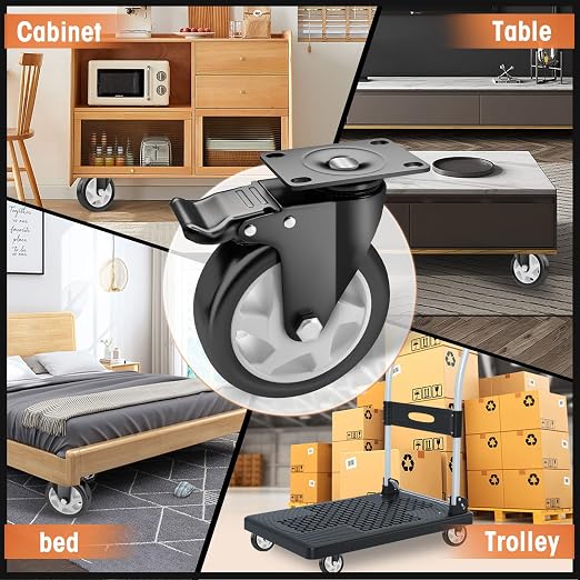 Casters, 5" Caster Wheels，Casters Set of 4 Heavy Duty - ASRINIEY Black Polyurethane Castors, Top Plate Swivel Wheels, 4-Pack Industrial Casters with Brake, Locking Casters for Furniture and Workbench