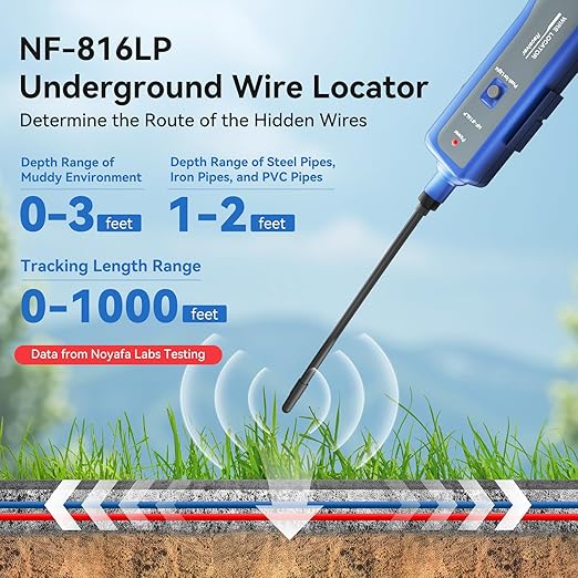 NOYAFA NF-816LP Underground Wire Locator - Pet Fence & Electrical Cable Tracker, Find Breaks in Buried Wires, Network & Irrigation Line Finder, Rechargeable, LED Flashlight