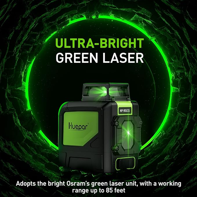 Huepar 901CG Green Laser Level with TPD14 56" Adjustable Laser Level Tripod, Alignment Self-Leveling Cross Line Laser Tool with 360-Degree Horizontal Line, Extendable Tripod with 3-Way Swivel Pan Head
