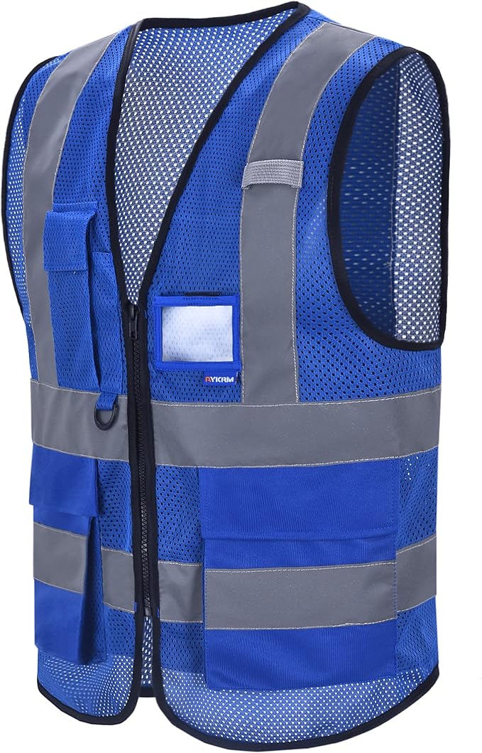 A-SAFETY High Visibility Mesh Vest with Breathable, Front Zipper, Blue, XS | Blue XS breathable mesh vest with reinforced zipper pockets, clear PVC ID holder and mic tabs for equipment maintenance.