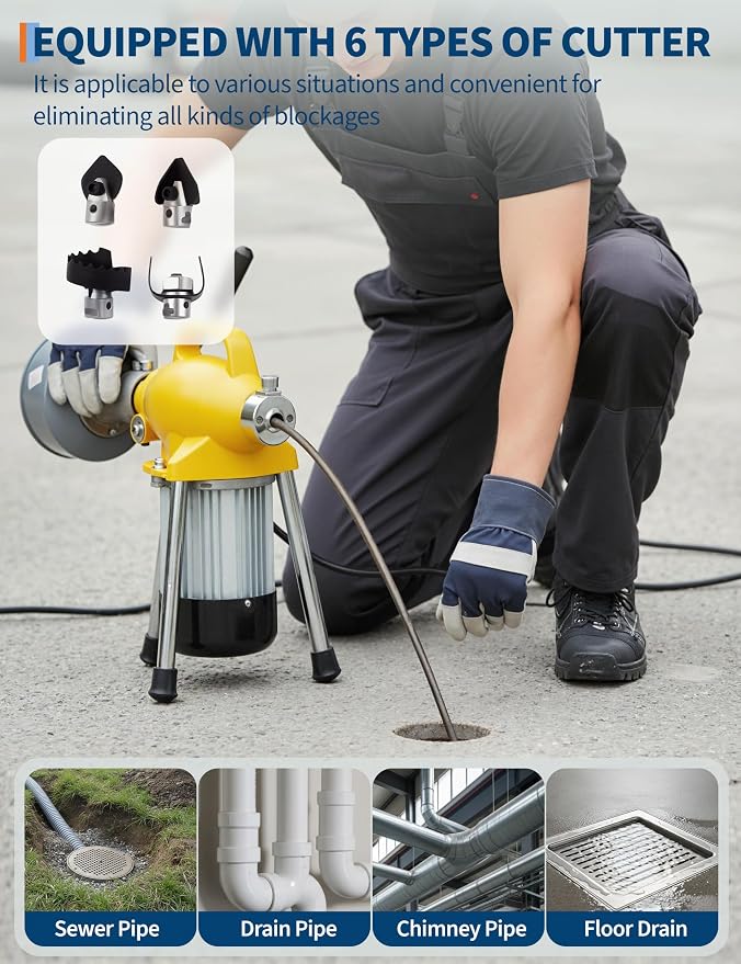 Portable Drain Cleaner Machine, Electric Sewer Snake Drain Auger with 66FT x 5/8" & 16FT x 3/8" Steel Cables and 7 Cutters, 500w Power Drain Cleaner Machine Auto Feed Pipe Snake for 3/4" to 4" Pipes