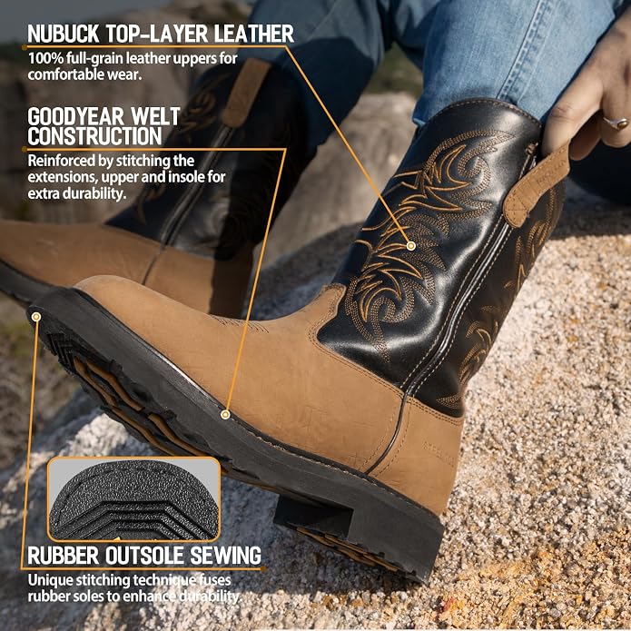 Men's Cowboy Work Boots, Square Steel Toe EVA Mid-Sole with GoodyearWelt Leather Anti Slip Western Men's Brown Boots for Manufacturing, Construction, Farming, Size 7-14