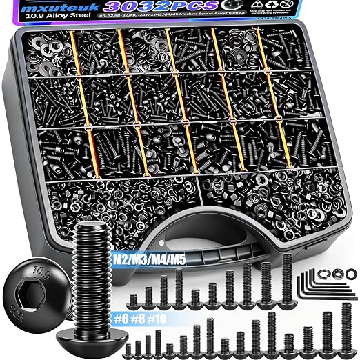 mxuteuk 3032PCS Machine Screws Assortment Kit,#6#8#10 M2 M3 M4 M5 SAE & Metric Screws Assortment Kits,10.9 Alloy Steel Hex Socket Button Head Bolts Nuts Washers Set Suitable for 3D Printer,DIY