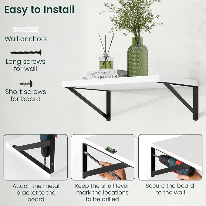 Floating Shelves 12 Inch Deep, 24W x 12D Wall Shelf Set of 2, 50 lbs Heavy Duty Reversible Metal Brackets, Deep Industrial Book Shelf for Living Room Kitchen Bath Bedroom Coffee Bar, White