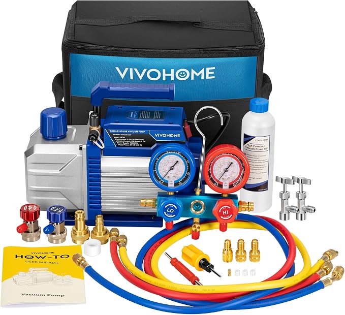 VIVOHOME 110V 1/3 HP 4.5CFM Single Stage A/C Vacuum Pump and AC Manifold Gauge Kit, Sparkless Motor for R32 R1234yf R454B R134a R22 R410a Systems, HVAC Air Conditioning Refrigeration Recharging