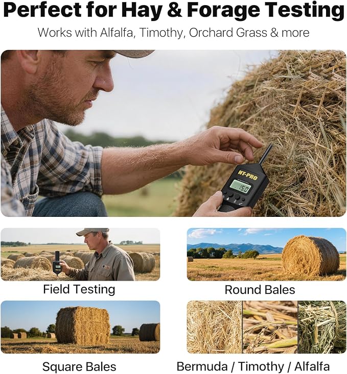 Hay Moisture Tester with 20" Probe, Moisture & Temperature Meter for Round and Square Hay Bales, Fast Backlit Readings, Calibration Clip Included, Black
