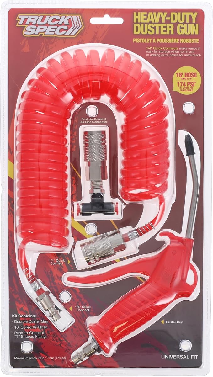Durable Duster Gun RP45560 - Truck Air Duster Blow Gun Kit with 16ft Long Coil Hose Quick-Connect Nozzles 174 psi