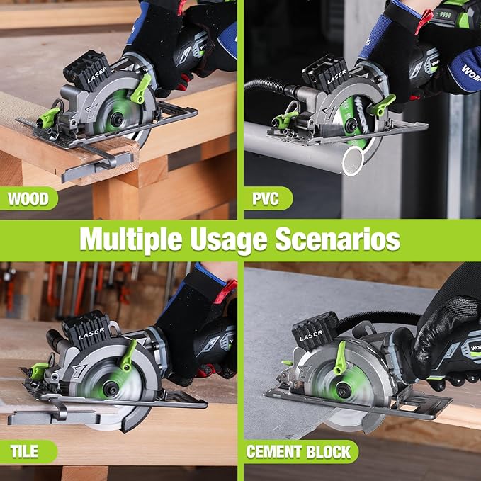 WORKPRO 20V Cordless Mini Circular Saw, 4-1/2" Compact Wireless Circular Saw 4.0Ah Battery, Fast Charger, 3 Blades, 4500RPM, Laser Guide, Max Cutting Depth 1-11/16"(90°), 1-1/8"(45°)