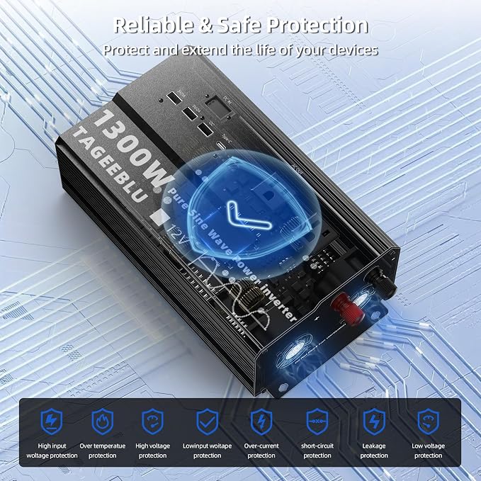 1300W Pure Sine Wave Power Inverter 12V DC to 110V 120V AC for Solar, Truck | Inverter for Car with 4 AC Outlets & 4 USB (30W QC & PD), LCD Display, 2600W Peak, Car Converter for RV Home Off-Grid Camping