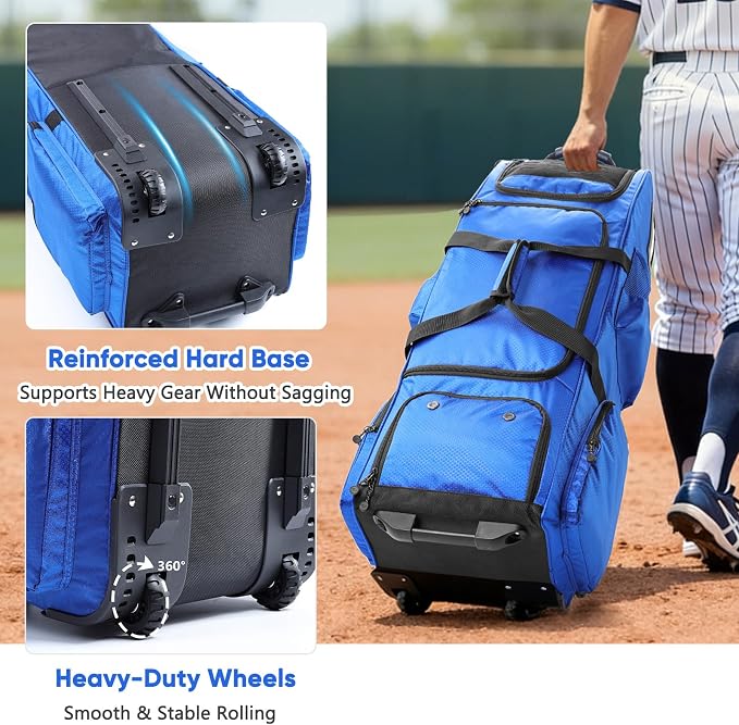 Large Rolling Baseball Catchers Gear Bag with Wheels, Softball Bag with Hard Backing for 4 Bats,Equipment Bag with Separate Shoe & Helmet Compartments, Youth Baseball Bag with 360° Spinner Wheels