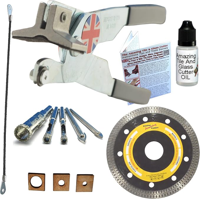 Ceramic Tile Cutter Hand Tool Kit - 2 Cutters, 4 1/2 in Thin Diamond Grinder Blade for Corner Cuts, Box Cut Outs in Porcelain, Hacksaw Blade for Notches, Diamond Drill Bits