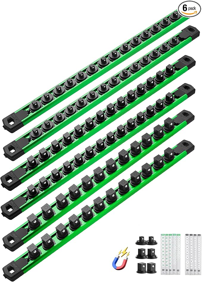 ALOANES Magnetic Socket Organizer Set, 6PC Heavy Duty Aluminum Socket Holder Organizer, 360° Swivel Clips Socket Holder Kit for Toolbox Drawer Fit 1/2, 3/8, 1/4-Inch x 80 Clips (Green, 6PC)