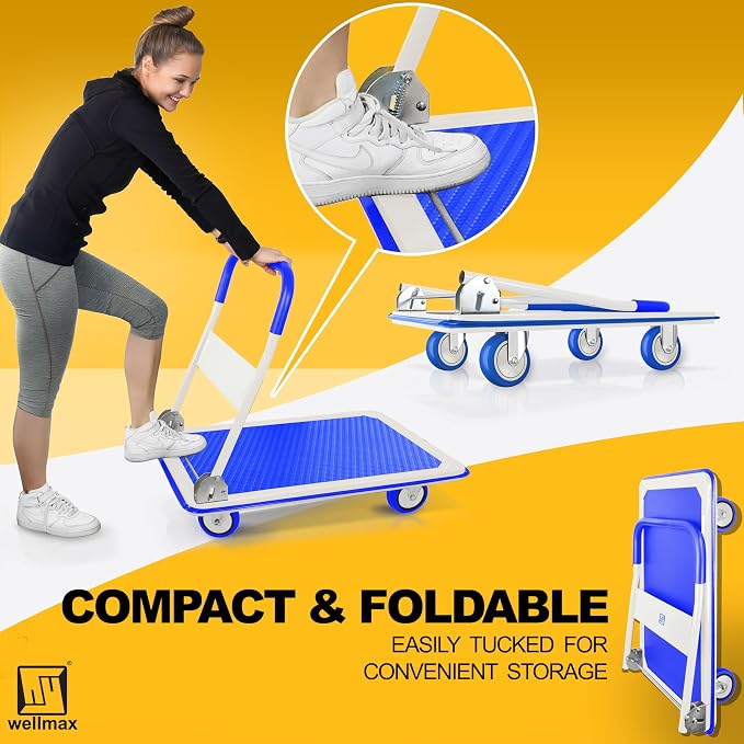 Push Cart Dolly by Wellmax, Moving Platform Hand Truck, Foldable for Easy Storage and 360 Degree Swivel Wheels with 330lb Weight Capacity, Blue Color