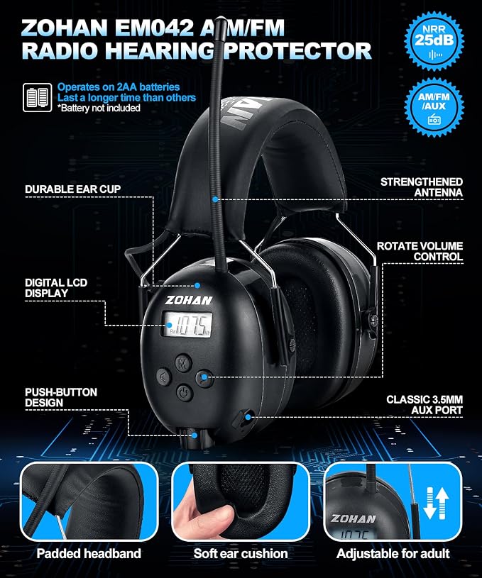 ZOHAN AM/FM Radio Headphone with Digital Display,Ear Protection Noise Reduction Earmuffs,Comfortable Hearing Protector