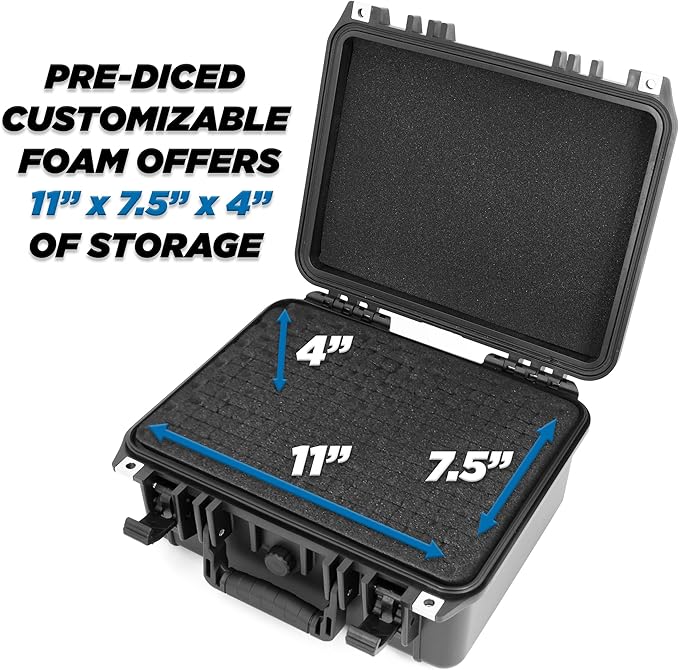 CASEMATIX 13" Waterproof Hard Case with Customizable Foam for Portable Electronics, Tools and Accessories - Hard Shell Plastic Case with Pre-Diced Travel Case Foam Interior