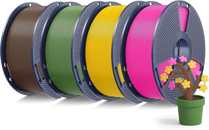 SUNLU PLA+2.0 3D Printer Filament Bundle, 4KG Upgrade PLA+ Filament 1.75mm, Dimensional Accuracy +/-0.02mm, 1KG per Spool, 4 Packs, 4KG Total, Coffee Brown+Olive Green+Magenta+Vivid Yellow