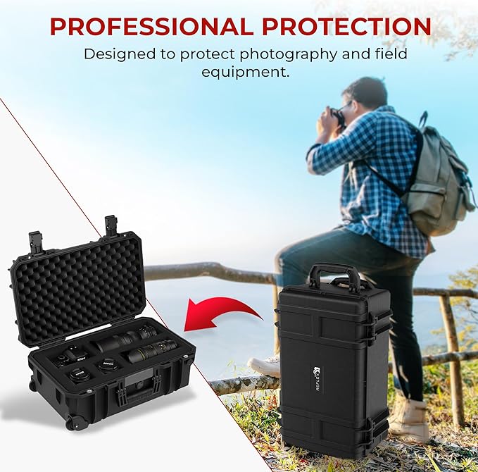 Reflex Camera Large Protective Hard Camera Case (20.22"x11.32"x7.91") suitable for Drones, Camera Lens, DSLR & Guns. Smooth Rolling Wheels, Waterproof IP67, Shockproof (Rolling Hard Case with Foam)