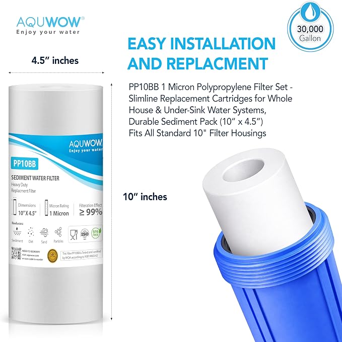 PP10BB 1 Micron 4.5" x 10" Polypropylene Filter Set – Replacement Cartridges for Whole House & Under-Sink Water Systems, Durable Sediment Pack (4, 10 x 4.5)