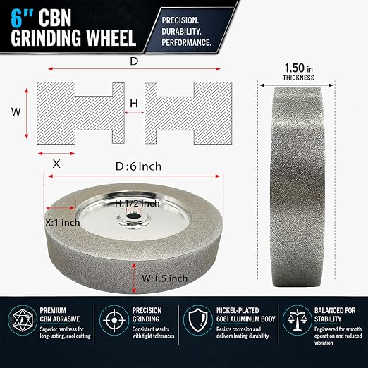 Mega Square CBN Grinding Wheel 6 inch 80 Grit,1.5” Wide,1/2” Arbor,for Sharpening Woodturning and HSS Tools,Suitable for Most 6-inch Bench Grinders(80 Grit)