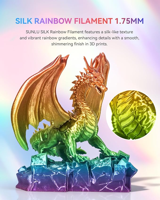 SUNLU Silk Rainbow PLA Filament 1.75mm, Multicolor Gradient 3D Filament, Neatly Wound Shiny Silk 3D Printer Filament, Dimensional Accuracy +/-0.02mm, 1KG Spool(2.2 lbs), Rainbow Silk 02