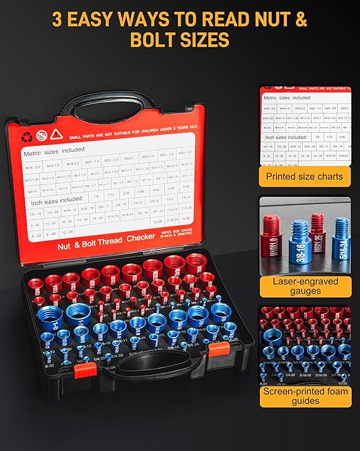66-Piece Nut and Bolt Thread Checker Kit | 34 SAE (Blue) + 32 Metric (Red) Thread Gauges - Precision Bolt Size Finder for Tight Spaces, DIY & Professional Repairs