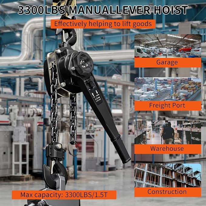 Manual Lever Chain Hoist 1.5 Ton 3300 lbs Capacity 10 FT Come Along, G80 Carbon Steel with Double-Pawl Brake,360° Rotation Hook, for Garage Factory Dock (Lever Chain Hoist 1.5T/3m)