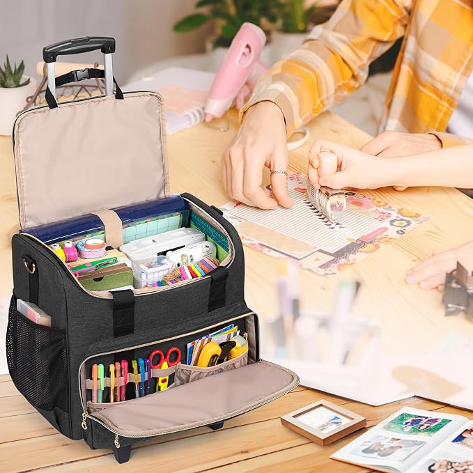 LUXJA Rolling Craft Bag with Pockets for 12 x 12 inch Scrapbook Album and Laptop, Rolling Scrapbook Tote with Detachable Dolly (Patent Pending), Black