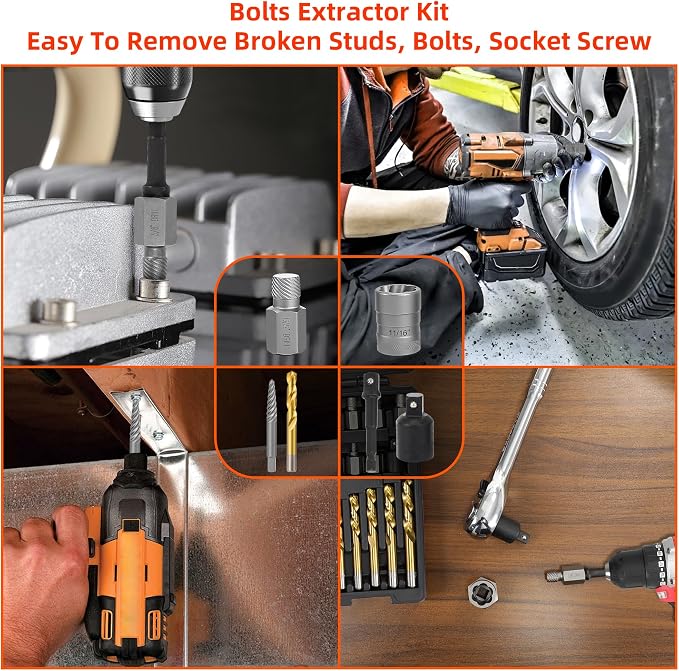 56Pcs Spiral Screw Extractor Set, Left Hand Drill Bit Set, Easy Out Bolt Extractor Set with Hex Adapter, Multi-Spline Lug Nut Remover for Stripped, Rounded, Damaged, Broken Studs Bolts Screws
