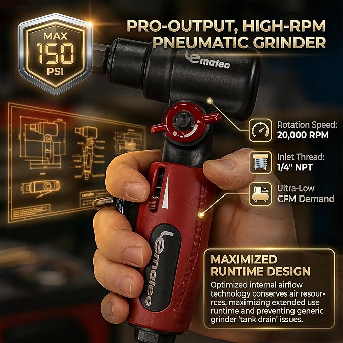 LE LEMATEC Pneumatic Die Grinder, Adjustable 90 Degree Air Angle Tool | 20000 RPM, swivel head, 1/4 collet, metal grinding, porting, weld prep, quiet