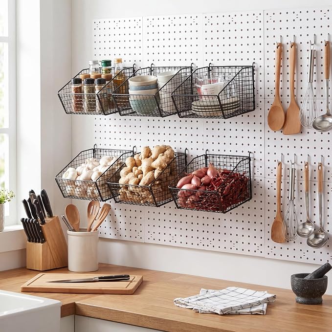 Reallnaive 6 Pack Black Pegboard Baskets Metal Wire Shelf Baskets 7.1 x 7.1 x 5.5 in Peg Board Organizer Accessories Wall Mount Organizer Bins for Tool Storage Craft Garage Workbench Room
