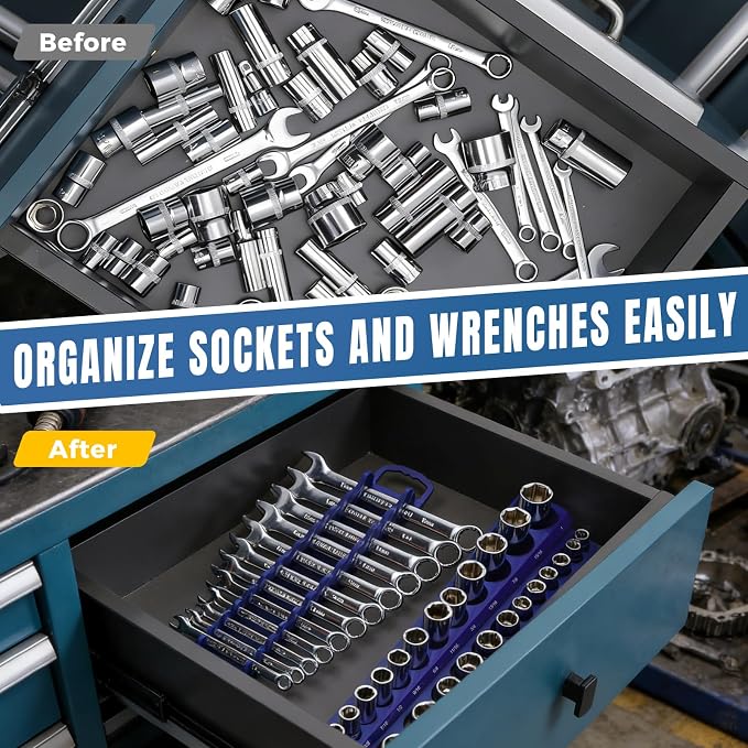 9PCS Magnetic Socket Organizer & Magnetic Wrench Organizer Set | 3 Color Socket Holder for 1/4” 3/8” 1/2” Metric SAE, Socket&Wrench Holder for Tool Box Drawer, Socket Wrench not Included