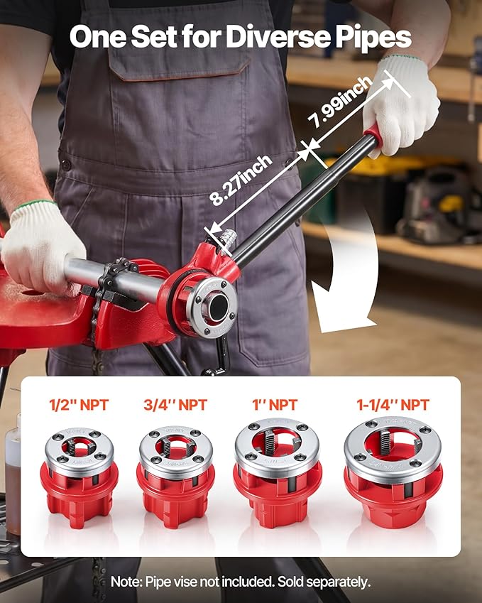 VEVOR Ratchet Pipe Threader Kit with 4 Dies, 1/2" NPT, 3/4" NPT, 1" NPT, 1-1/4" NPT Manual Ratcheting Pipe Threading Tool, Portable Pipes Threader Set with Toolbox for Plumbing Installation & Repair