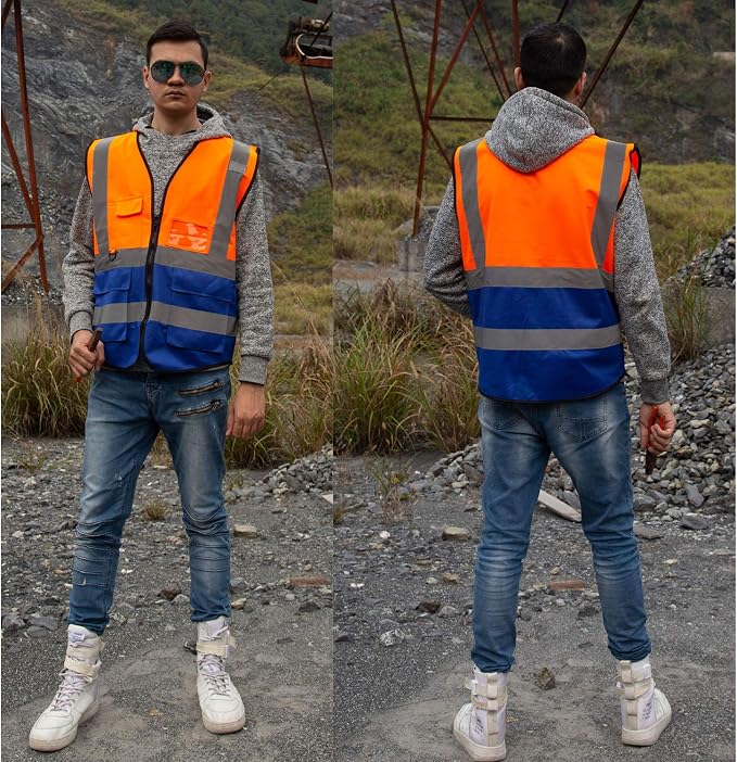 zojo High Visibility Safety Vests With Pockets, Pack of 10,Wholesale Reflective Vest for Outdoor Works, Cycling, Jogging, Walking,Sports - Fits for Men and Women(2XL-Mix Orange & Blue)