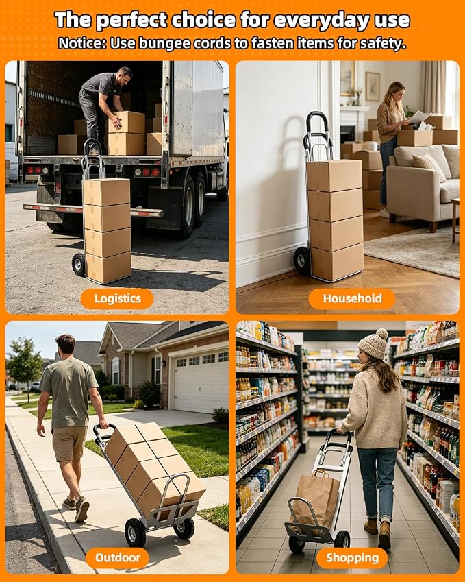 2 in 1 Hand Truck, 600 Lbs Capacity, Dolly Cart with Wheels 10" All-Terrain Tires, Heavy Duty Alloy Steel Dolly with Dual Handles, 2 Bungee Cord for Warehouse, Home, Office, Dormitory, Silver