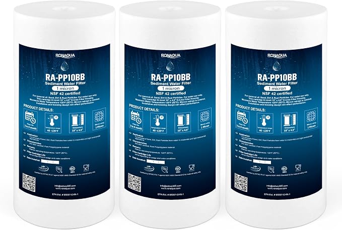 Ronaqua 10" x 4.5" Big Sediment Replacement Water Filter Cartridge, 1 Micron, NSF Certified, for Whole House, Compatible with RFC-BBSA, W15-PR, WFHD13001B, GXWH35F, HF45-10BLBK10PR and AP817, 3 Pack